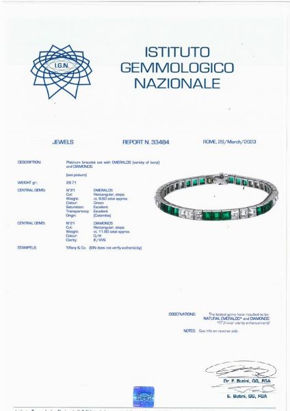 TIFFANY & CO : TIFFANY & CO. BRACCIALE CON SMERALDI COLOMBIANI E DIAMANTI  - Asta Gioielli - Associazione Nazionale - Case d'Asta italiane