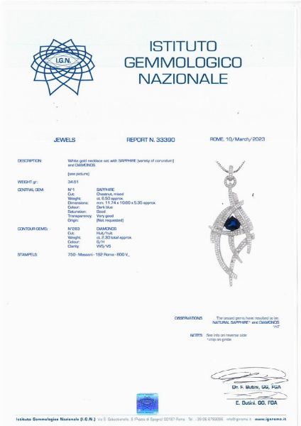 MASSONI COLLANA CON ZAFFIRO E DIAMANTI  - Asta Gioielli - Associazione Nazionale - Case d'Asta italiane