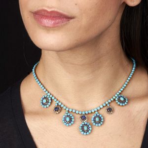 COLLANA FLOREALE CON TURCHESI ZAFFIRI E DIAMANTI  - Asta Gioielli - Associazione Nazionale - Case d'Asta italiane