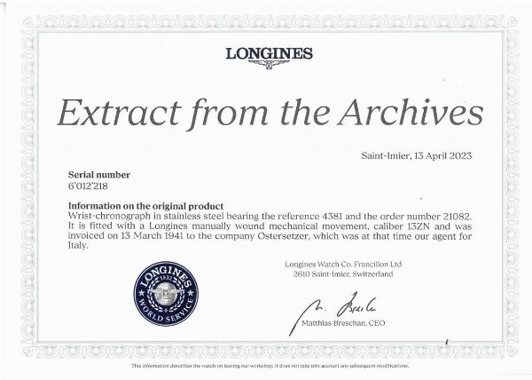 LONGINES : LONGINES CRONOGRAFO REF. 4381 FLY-BACK N. 210XX ANNO 1941  - Asta OROLOGI DA POLSO E DA TASCA - Associazione Nazionale - Case d'Asta italiane