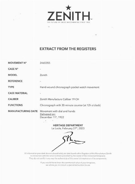 ZENITH : ZENITH OROLOGIO DA TASCA CRONOGRAFO MONOPULSANTE N. 24653XX  - Asta OROLOGI DA POLSO E DA TASCA - Associazione Nazionale - Case d'Asta italiane