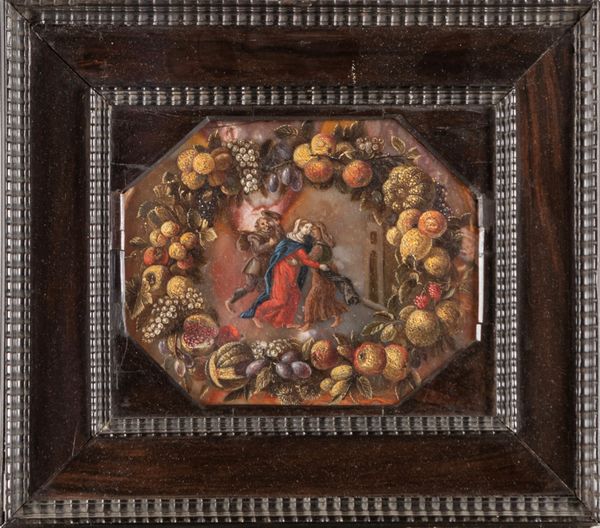 Scuola lombarda, secolo XVII, Visitazione entro ghirlanda di frutta  - Asta Arredi Antichi - Associazione Nazionale - Case d'Asta italiane