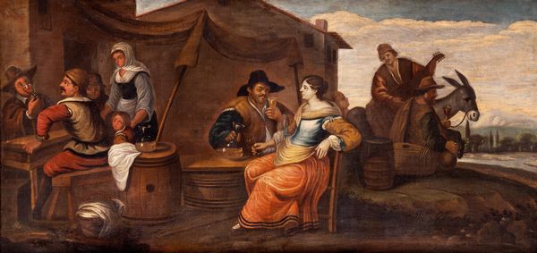 Scuola fiamminga, secolo XVII : Scena di osteria all'aperto  - Asta Dipinti e Disegni Antichi - Associazione Nazionale - Case d'Asta italiane