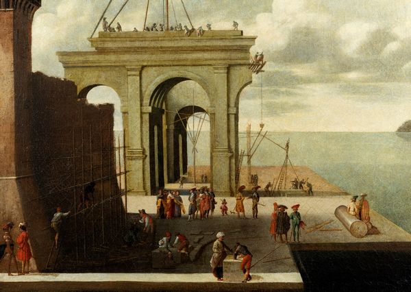 Pittore fiammingo attivo in Italia, secolo XVII : Veduta di porto con capriccio architettonico e figure  - Asta Dipinti e Disegni Antichi - Associazione Nazionale - Case d'Asta italiane