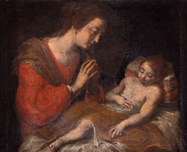 Scuola dell'Italia settentrionale, secolo XVII : Madonna in adorazione del Bambino  - Asta Dipinti e Disegni Antichi - Associazione Nazionale - Case d'Asta italiane