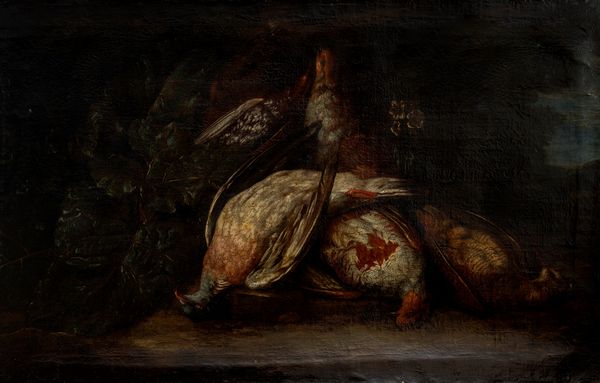 Scuola emiliana, secolo XVII : Natura morta con cacciagione di penna, ortaggi e fiori en plein air  - Asta Dipinti e Disegni Antichi - Associazione Nazionale - Case d'Asta italiane