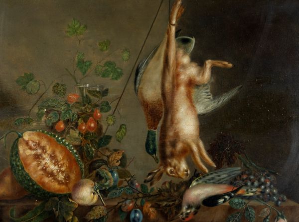 Seguace di Cornelis de Heem : Natura morta con cacciagione e frutta su un tavolo  - Asta Dipinti e Disegni Antichi - Associazione Nazionale - Case d'Asta italiane