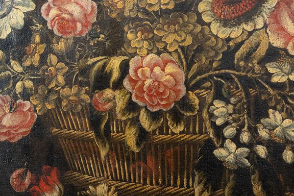 Scuola emiliana, fine secolo XVII - inizio secolo XVIII : Natura morta con frutta, funghi, fiori e cardo; e Natura morta con cesta di fiori, frutta, ortaggi e volatile,  en pendant  - Asta Dipinti e Disegni Antichi - Associazione Nazionale - Case d'Asta italiane