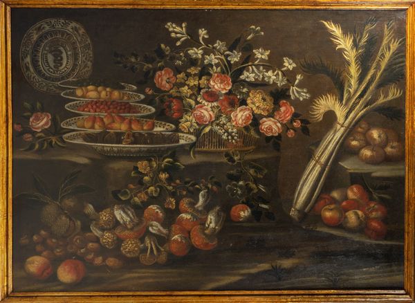 Scuola emiliana, fine secolo XVII - inizio secolo XVIII : Natura morta con frutta, funghi, fiori e cardo; e Natura morta con cesta di fiori, frutta, ortaggi e volatile,  en pendant  - Asta Dipinti e Disegni Antichi - Associazione Nazionale - Case d'Asta italiane