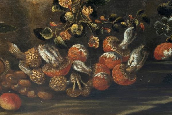 Scuola emiliana, fine secolo XVII - inizio secolo XVIII : Natura morta con frutta, funghi, fiori e cardo; e Natura morta con cesta di fiori, frutta, ortaggi e volatile,  en pendant  - Asta Dipinti e Disegni Antichi - Associazione Nazionale - Case d'Asta italiane