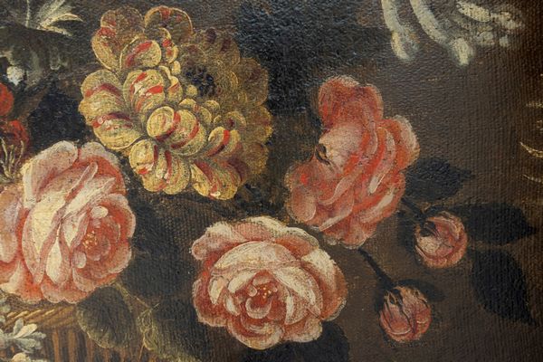 Scuola emiliana, fine secolo XVII - inizio secolo XVIII : Natura morta con frutta, funghi, fiori e cardo; e Natura morta con cesta di fiori, frutta, ortaggi e volatile,  en pendant  - Asta Dipinti e Disegni Antichi - Associazione Nazionale - Case d'Asta italiane