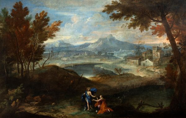 Scuola emiliana, secolo XVII : Paesaggio fluviale con Noli me tangere  - Asta Dipinti e Disegni Antichi - Associazione Nazionale - Case d'Asta italiane