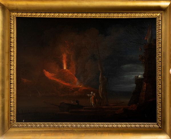 Scuola francese, fine secolo XVIII - inizio secolo XIX : Notturno con Vesuvio in eruzione e astanti in primo piano  - Asta Dipinti e Disegni Antichi - Associazione Nazionale - Case d'Asta italiane
