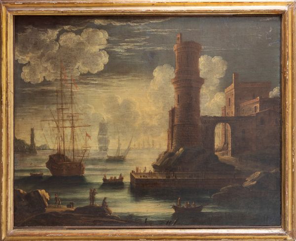 Scuola napoletana, fine secolo XVII - inizi secolo XVIII : Veduta di porto mediterraneo con velieri e astanti  - Asta Dipinti e Disegni Antichi - Associazione Nazionale - Case d'Asta italiane