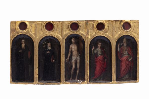 Scuola toscana, secolo XVI : Predella con quattro Santi ai lati e Cristo al centro  - Asta Dipinti e Disegni Antichi - Associazione Nazionale - Case d'Asta italiane