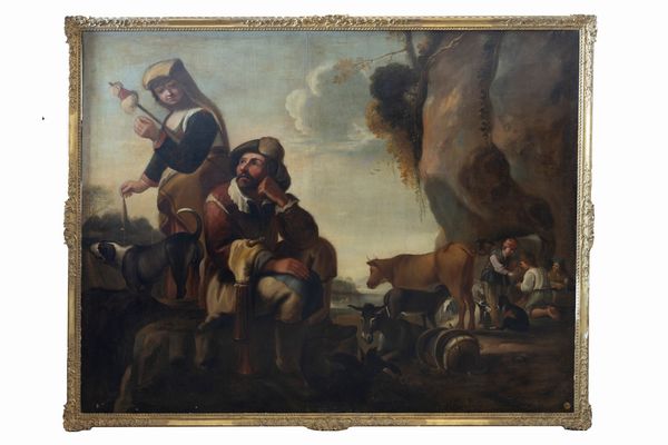 Artista fiammingo attivo in Italia settentrionale, secolo XVII : Paesaggio con pastori in sosta e armenti  - Asta Dipinti e Disegni Antichi - Associazione Nazionale - Case d'Asta italiane