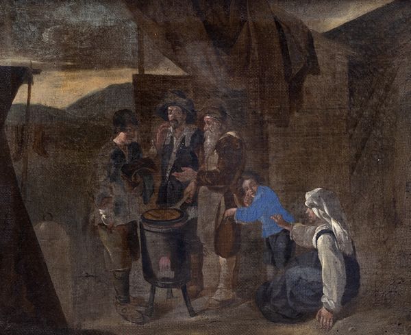 Attribuito a Johannes Lingelbach (Francoforte sul Meno 1622 – Amsterdam 1674) : Venditore ambulante di frittelle con popolani  - Asta Dipinti e Disegni Antichi - Associazione Nazionale - Case d'Asta italiane