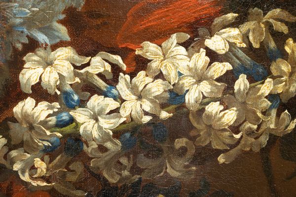 Scuola francese, fine secolo XVII - inizi secolo XVIII : Trionfo di fiori con cacciagione e ciotola di frutti di bosco  - Asta Dipinti e Disegni Antichi - Associazione Nazionale - Case d'Asta italiane