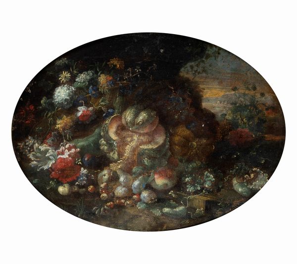 Scuola italiana, secolo XVIII : Natura morta di fiori e frutti en plein air  - Asta Dipinti e Disegni Antichi - Associazione Nazionale - Case d'Asta italiane