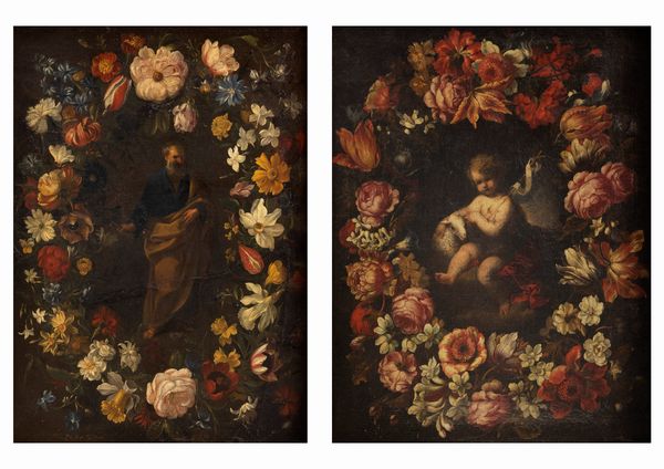 Scuola dell'Italia settentrionale, secolo XVII : San Pietro e San Giovannino entro ghirlande di fiori,  en pendant  - Asta Dipinti e Disegni Antichi - Associazione Nazionale - Case d'Asta italiane