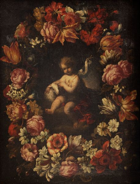 Scuola dell'Italia settentrionale, secolo XVII : San Pietro e San Giovannino entro ghirlande di fiori,  en pendant  - Asta Dipinti e Disegni Antichi - Associazione Nazionale - Case d'Asta italiane