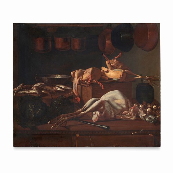 Attribuito a Evaristo Baschenis (Bergamo, 1617 – 1677) : Natura morta con pollame, pesci, padella, cassetta, cavoli, lumache e pentole  - Asta Dipinti e Disegni Antichi - Associazione Nazionale - Case d'Asta italiane