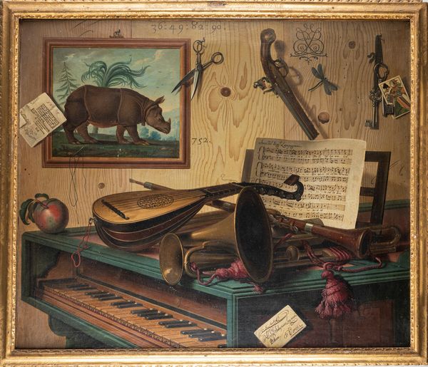 Sebastiano Lazzari : Trompe-l'oeil con strumenti musicali, spartito per clavicembalo, dipinto con rinoceronte e ricevuta del gioco del lotto; e Trompe-l'oeil con strumenti musicali, sfera armillare, calendario mensile e tappeto,  en pendant  - Asta Dipinti e Disegni Antichi - Associazione Nazionale - Case d'Asta italiane