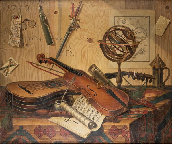 Sebastiano Lazzari : Trompe-l'oeil con strumenti musicali, spartito per clavicembalo, dipinto con rinoceronte e ricevuta del gioco del lotto; e Trompe-l'oeil con strumenti musicali, sfera armillare, calendario mensile e tappeto,  en pendant  - Asta Dipinti e Disegni Antichi - Associazione Nazionale - Case d'Asta italiane