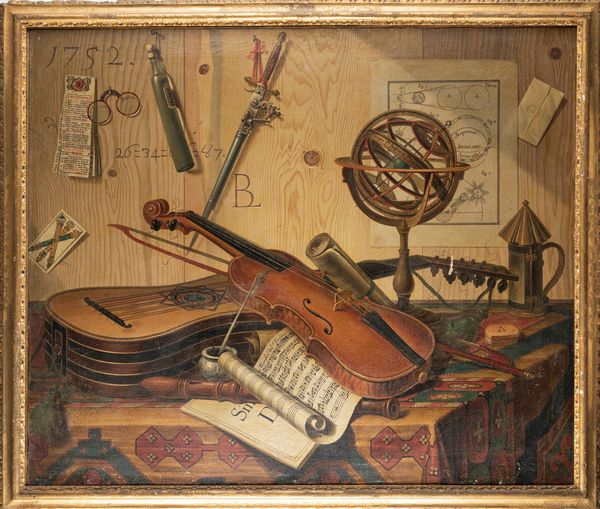 Sebastiano Lazzari : Trompe-l'oeil con strumenti musicali, spartito per clavicembalo, dipinto con rinoceronte e ricevuta del gioco del lotto; e Trompe-l'oeil con strumenti musicali, sfera armillare, calendario mensile e tappeto,  en pendant  - Asta Dipinti e Disegni Antichi - Associazione Nazionale - Case d'Asta italiane