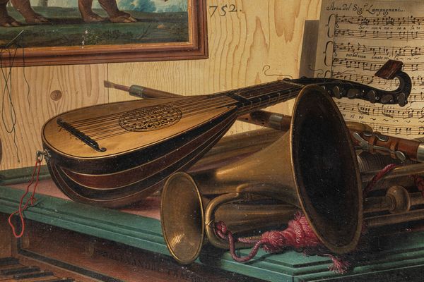 Sebastiano Lazzari : Trompe-l'oeil con strumenti musicali, spartito per clavicembalo, dipinto con rinoceronte e ricevuta del gioco del lotto; e Trompe-l'oeil con strumenti musicali, sfera armillare, calendario mensile e tappeto,  en pendant  - Asta Dipinti e Disegni Antichi - Associazione Nazionale - Case d'Asta italiane