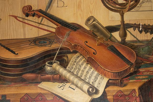 Sebastiano Lazzari : Trompe-l'oeil con strumenti musicali, spartito per clavicembalo, dipinto con rinoceronte e ricevuta del gioco del lotto; e Trompe-l'oeil con strumenti musicali, sfera armillare, calendario mensile e tappeto,  en pendant  - Asta Dipinti e Disegni Antichi - Associazione Nazionale - Case d'Asta italiane
