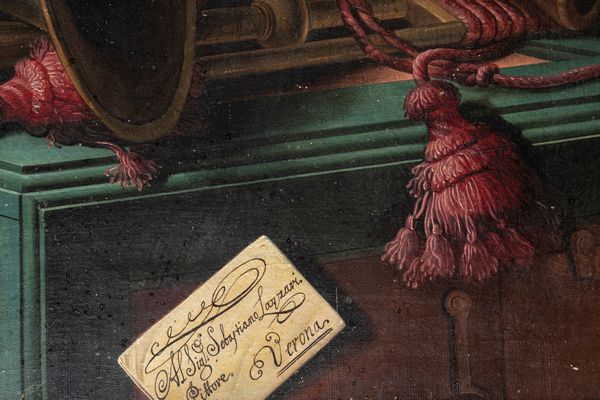 Sebastiano Lazzari : Trompe-l'oeil con strumenti musicali, spartito per clavicembalo, dipinto con rinoceronte e ricevuta del gioco del lotto; e Trompe-l'oeil con strumenti musicali, sfera armillare, calendario mensile e tappeto,  en pendant  - Asta Dipinti e Disegni Antichi - Associazione Nazionale - Case d'Asta italiane