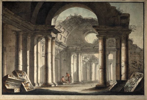 Cerchia di Hubert Robert (Parigi 1733 – 1808) : Capriccio architettonico con astanti  - Asta Dipinti e Disegni Antichi - Associazione Nazionale - Case d'Asta italiane