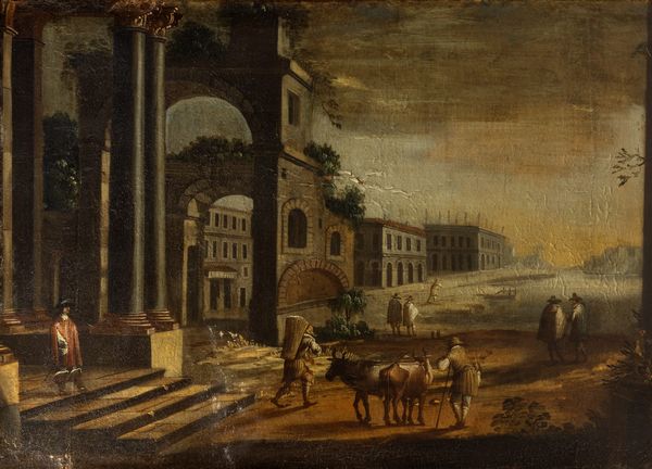 Scuola italiana, secolo XVII : Capriccio architettonico con viandanti  - Asta Dipinti e Disegni Antichi - Associazione Nazionale - Case d'Asta italiane