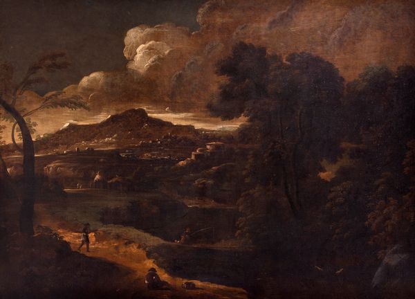 Cerchia di Gaspard Dughet (Roma 1615  - 1675) : Paesaggio fluviale con pescatori, astanti e borgo in lontananza  - Asta Dipinti e Disegni Antichi - Associazione Nazionale - Case d'Asta italiane