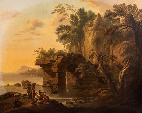 Scuola francese, secolo XVIII : Paesaggio costiero con capriccio architettonico e pescatori  - Asta Dipinti e Disegni Antichi - Associazione Nazionale - Case d'Asta italiane
