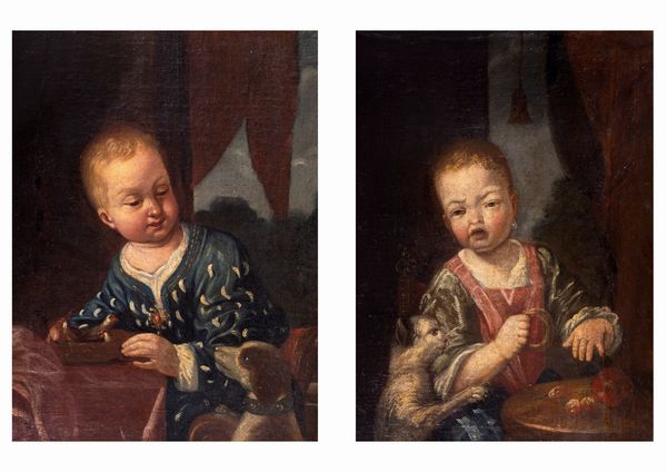 Scuola dell'Italia settentrionale, secolo XVII : Ritratto di fanciullo con cagnolino; e Ritratto di fanciulla con gatto, en pendant  - Asta Dipinti e Disegni Antichi - Associazione Nazionale - Case d'Asta italiane