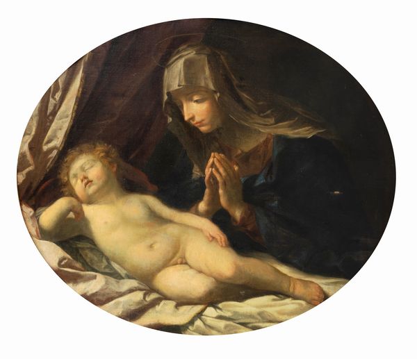 Scuola emiliana, secolo XVII, da Guido Reni : Madonna in adorazione del Bambino dormiente  - Asta Dipinti e Disegni Antichi - Associazione Nazionale - Case d'Asta italiane
