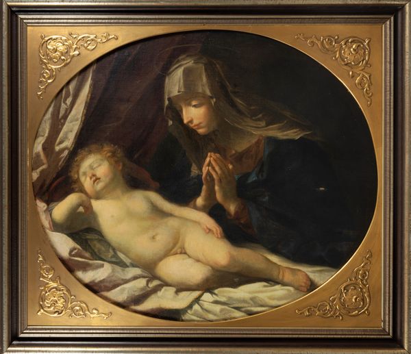 Scuola emiliana, secolo XVII, da Guido Reni : Madonna in adorazione del Bambino dormiente  - Asta Dipinti e Disegni Antichi - Associazione Nazionale - Case d'Asta italiane