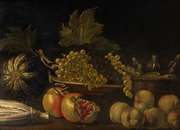 Scuola romana, secolo XVIII : Natura morta con cesto di frutta e melograni  - Asta Dipinti e Disegni Antichi - Associazione Nazionale - Case d'Asta italiane