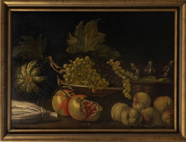 Scuola romana, secolo XVIII : Natura morta con cesto di frutta e melograni  - Asta Dipinti e Disegni Antichi - Associazione Nazionale - Case d'Asta italiane