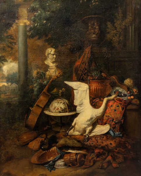 Scuola fiamminga, secolo XVIII : Composizione all�aperto con strumenti musicali, statua dell'Imperatore Vitellio, mappamondo, suppellettili, cigno e pavone  - Asta Dipinti e Disegni Antichi - Associazione Nazionale - Case d'Asta italiane