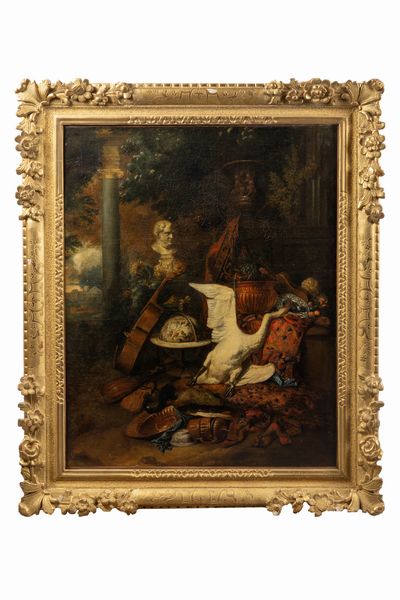 Scuola fiamminga, secolo XVIII : Composizione all�aperto con strumenti musicali, statua dell'Imperatore Vitellio, mappamondo, suppellettili, cigno e pavone  - Asta Dipinti e Disegni Antichi - Associazione Nazionale - Case d'Asta italiane