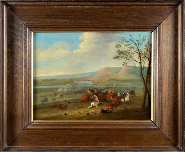 Scuola fiamminga, fine secolo XVII - inizi secolo XVIII : Paesaggio fluviale con scontro di cavalleria  - Asta Dipinti e Disegni Antichi - Associazione Nazionale - Case d'Asta italiane