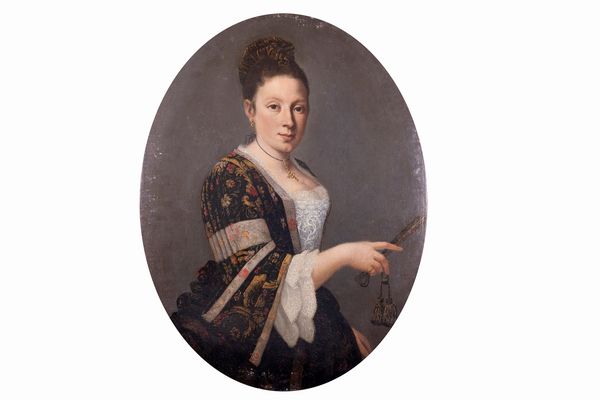 Scuola dell'Italia settentrionale, secolo XVIII : Ritratto di gentildonna a mezzobusto con ventaglio in mano; e Ritratto di gentiluomo a mezzobusto in abiti eleganti  - Asta Dipinti e Disegni Antichi - Associazione Nazionale - Case d'Asta italiane