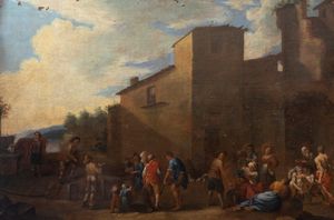 Artista fiammingo attivo a Roma, fine secolo XVII - inizio secolo XVIII - Scena di vita popolare all'aperto presso un casolare