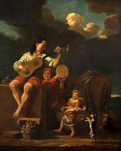 Pittore fiammingo attivo in Italia, secolo XVII - Giovani musicanti en plein air
