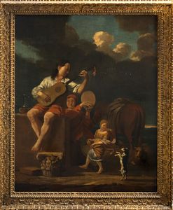 Pittore fiammingo attivo in Italia, secolo XVII : Giovani musicanti en plein air  - Asta Dipinti e Disegni Antichi - Associazione Nazionale - Case d'Asta italiane