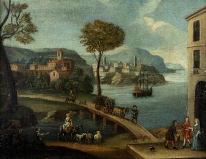 Scuola piemontese, secolo XVIII - Paesaggio fluviale con figure e ponte di pietra