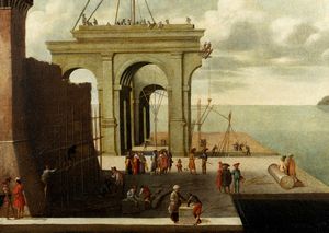 Pittore fiammingo attivo in Italia, secolo XVII - Veduta di porto con capriccio architettonico e figure